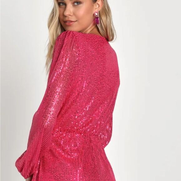 Glamorous LuLus Hot Pink Sequin Faux-Wrap Romper- NWT - Picture 4 of 15